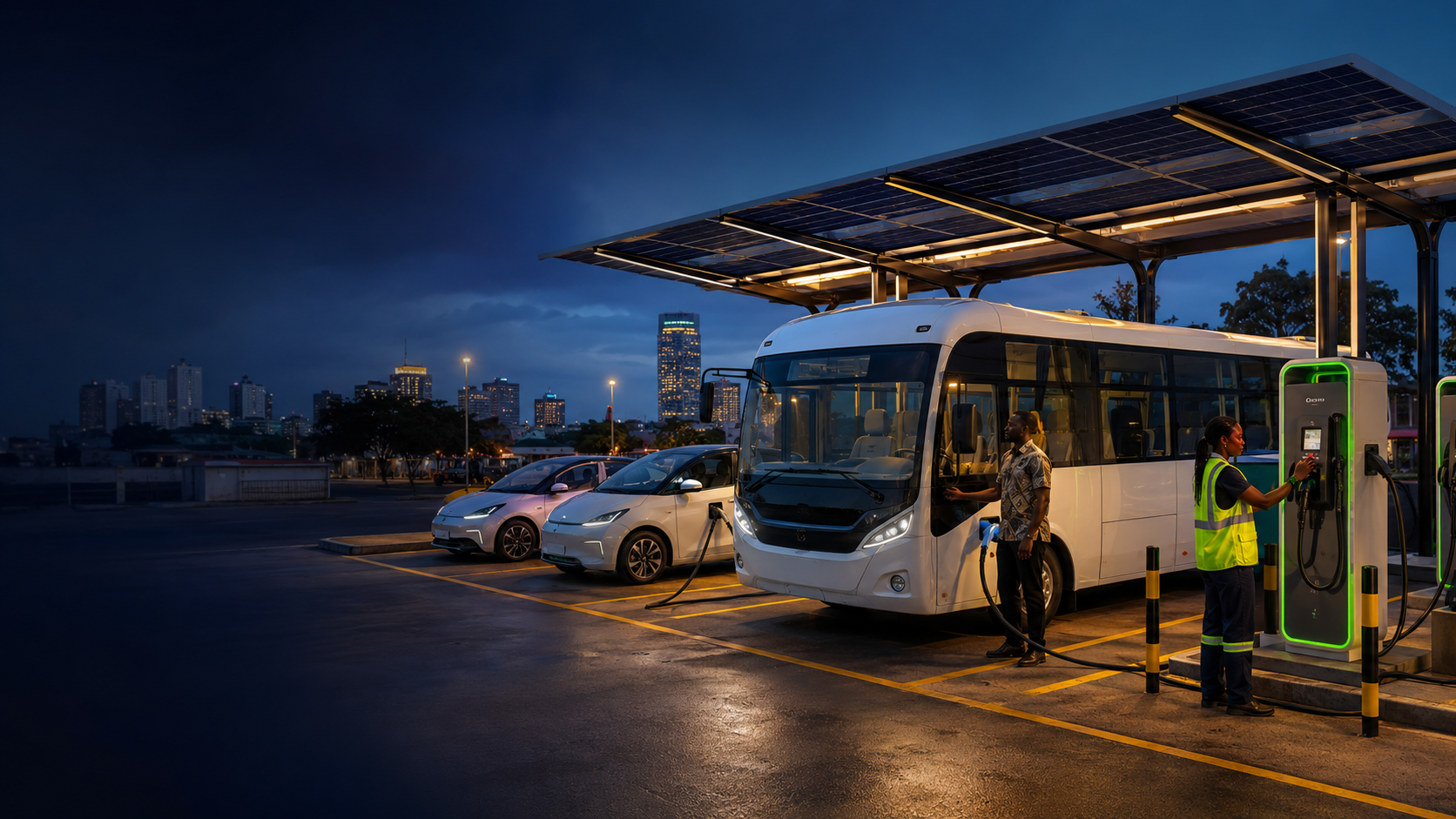 Electric bus and cars charging under a solar canopy at a city charging hub at night