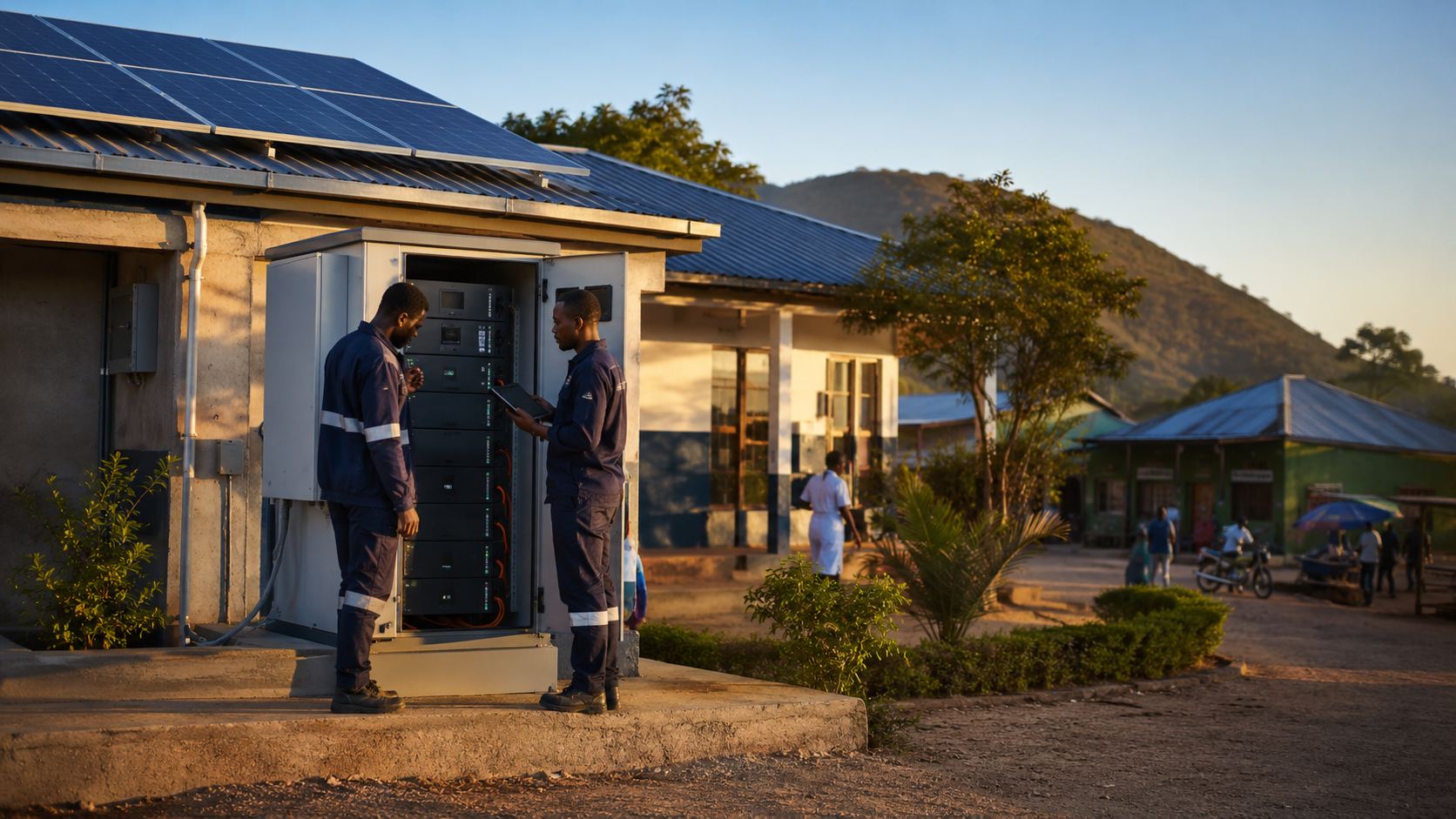 Two Faynus technicians inspecting a battery-storage cabinet beside a solar-powered clinic at sunset