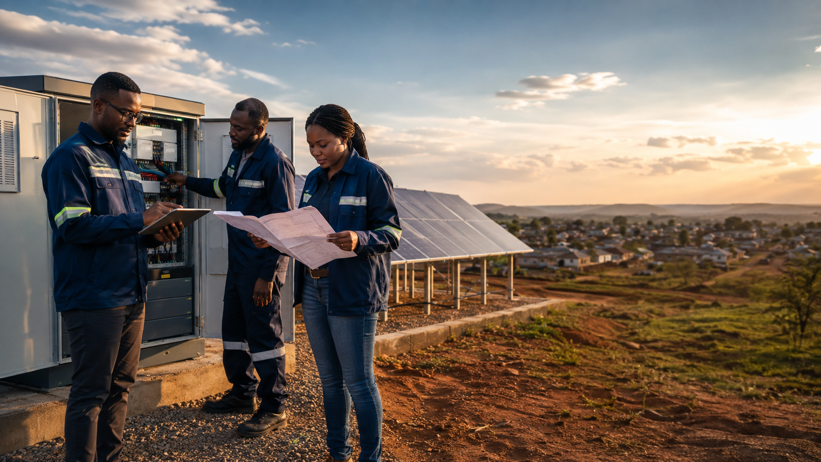 Faynus engineers reviewing project drawings beside a ground-mount solar array at sunset